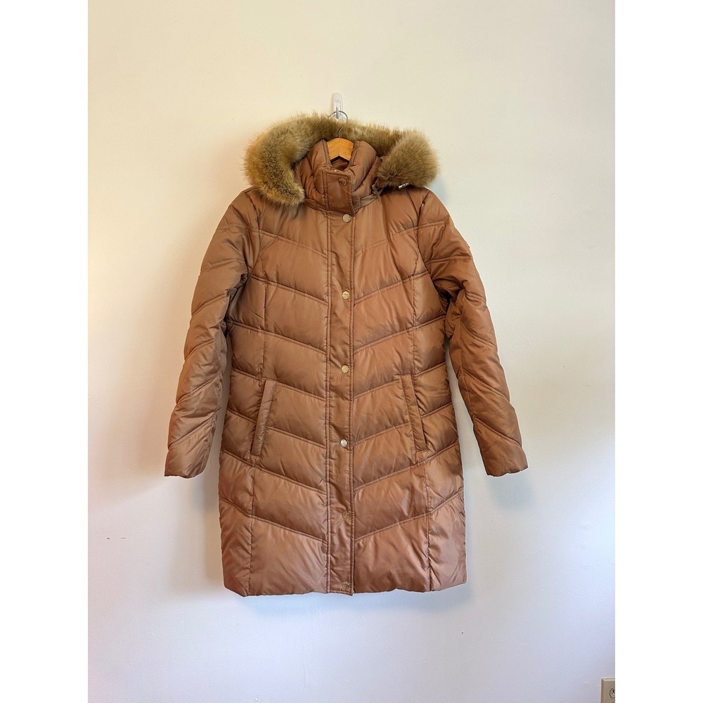 Michael Kors Camel Brown Quilted Puffer Coat Faux Fur Hood Parka | Size Medium